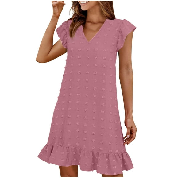 LOVZFMLL Summer Dresses for Women 2025 V Neck Cap Sleeve Ruffle Hem Smock Mini Dress Casual Beach Vacation Clothes for Women Pink XL