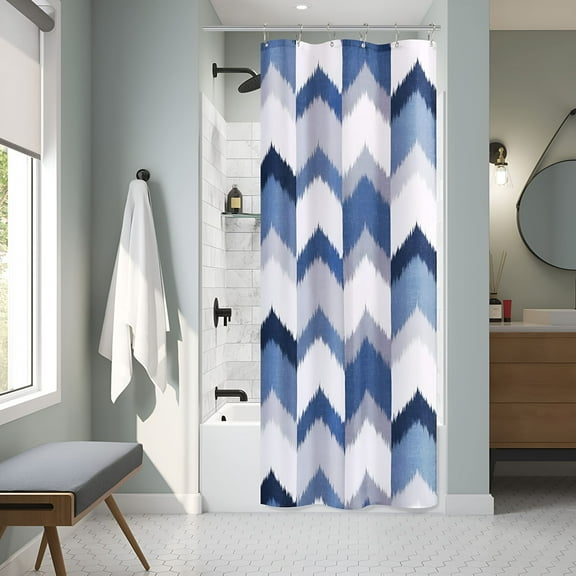 AUQ Blue Narrow Stall Shower Curtain 36x72" Grey and White Half Shower Curtain for Bathroom Stand Up Small Shower Curtain Set with Hooks Geometric Herringbone Striped Dark Blue Waterproof Washable