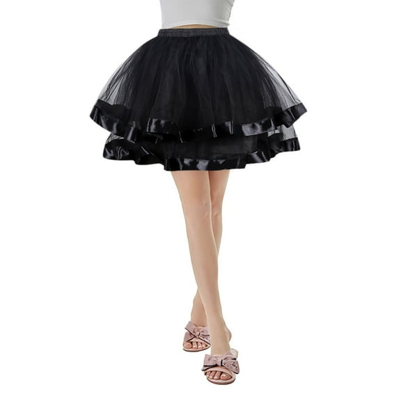 FAOWME Women's Skirt Elastic Waist Color Block Comfortable Fashion Mesh Tutu Dancing Skirts For Stage Performance Party Celebration,Black,One Size