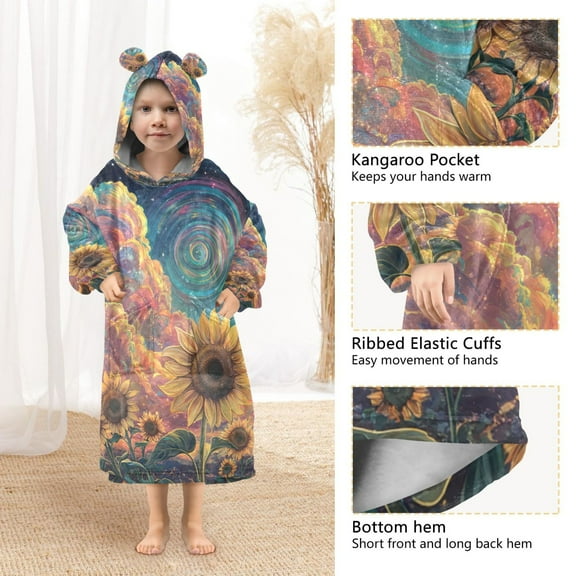 YAZAOO Kids Wearable Blanket Hoodie Warm and Cozy Sunflowers under A Cosmic Sky Flannel Sweatshirt