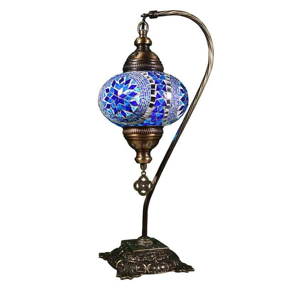 KusKuus Table Lamp 18.5" Hight Turkish Moroccan Mosaic Swan Neck Table Lamp, Bedside Lamp, Night Lamp Blue Flower SNC6
