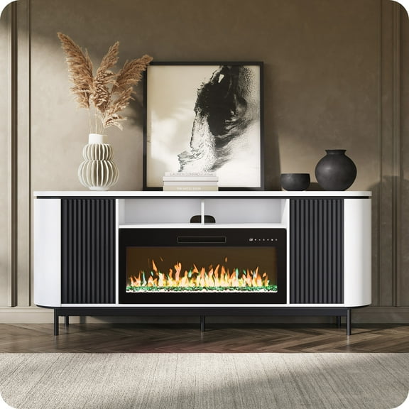 BELLEZE 76" Fluted TV Stand with 36" Electric Fireplace, Large Entertainment Center with Storage for TVs up to 80", Modern Media Console TV Cabinet for Living Room and Bedroom, White