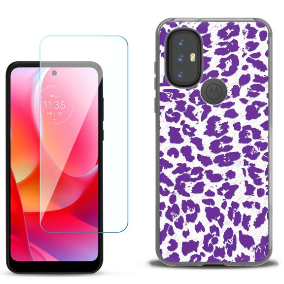 Slim-Fit Gel TPU Phone Case for Motorola Moto G Power 2022, with Tempered Glass Screen Protector, by OneToughShield ® - Cheetah Purple