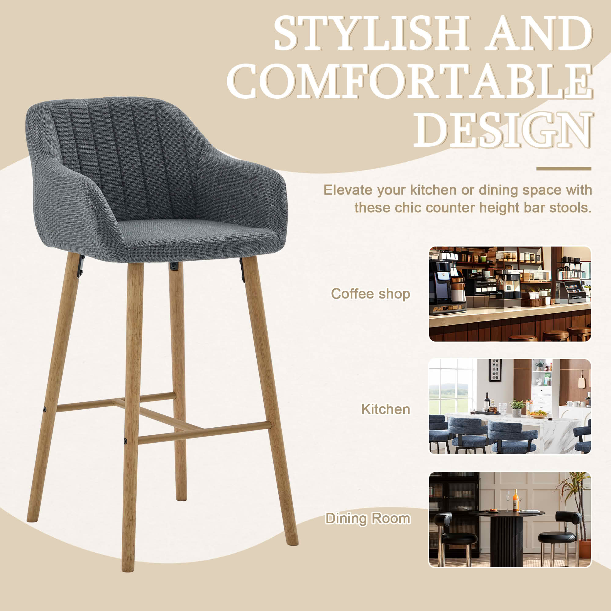 MAYEERTY Bar Stools Set of 2, Linen Kitchen Island Chairs with Back, Arms, Footrest and Solid Oak Legs, Gray