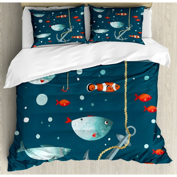 Anchor King Size Duvet Cover Set, Colorful Ocean Wildlife Pattern Clown Fish Exotic Subaquatic Animals Ecological, Decorative 3 Piece Bedding Set with 2 Pillow Shams, Multicolor, by Ambesonne