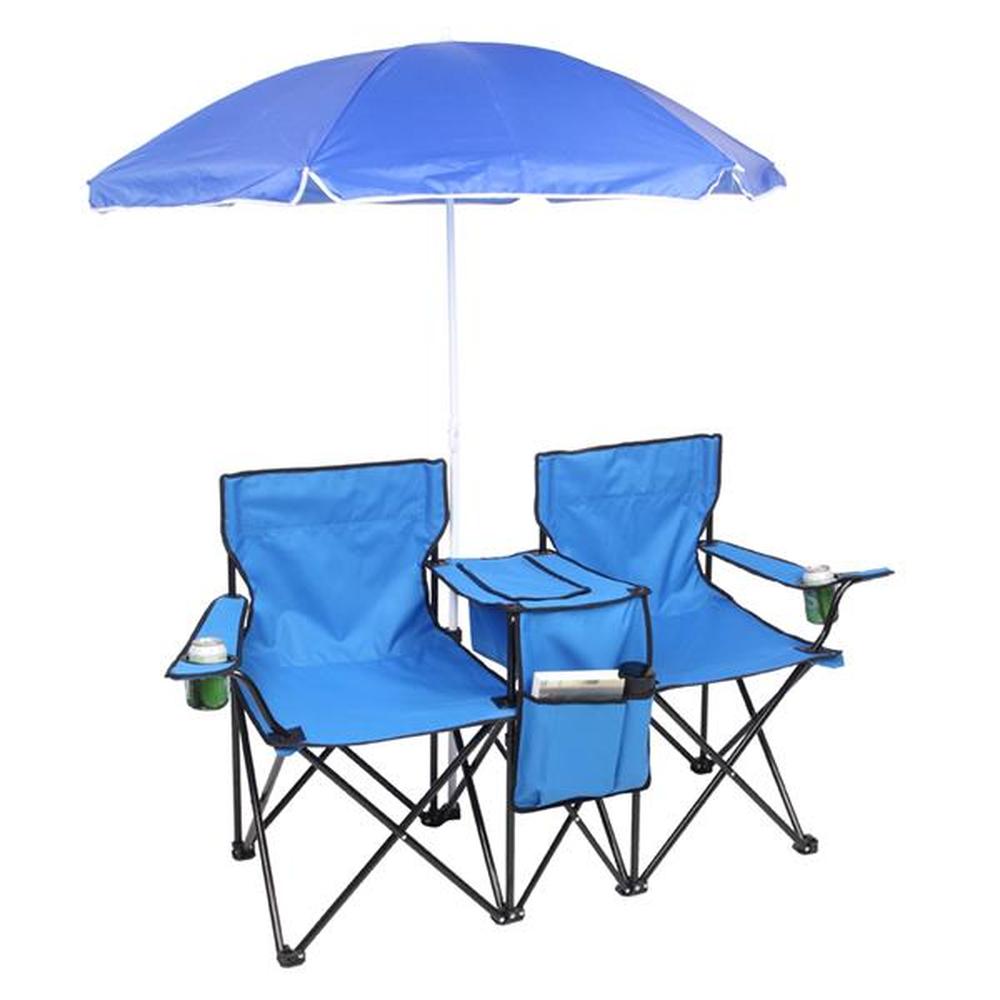 Portable Folding Picnic Double Chair With Removable Umbrella Table Cooler Beach Camping Chair Blue - image 3 of 12