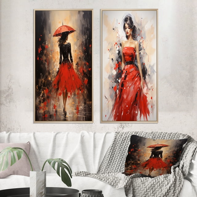 Designart "Red Timeless Glamour Painting II" Fashion Framed Wall Art Set Of 2 - Red Fashion Framed Canvas Set For Living Room Decor