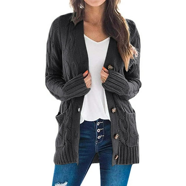 Jersey tipo cárdigan PRETTYGARDEN para mujer, tejido trenzado, gris oscuro, XL