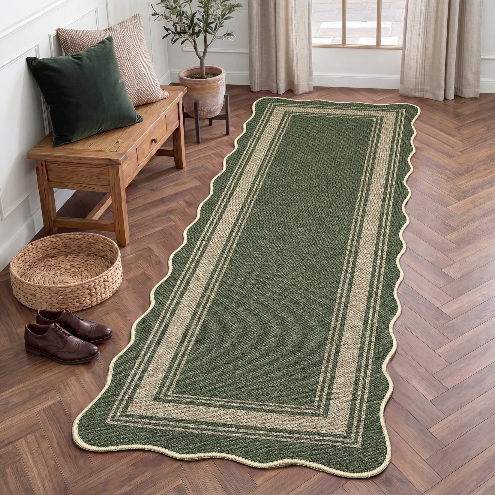 Garvee 2'x6' Scalloped Washable Indoor Outdoor Rug Natural Jute Carpet, Non Slip Low Pile Rug for Patio, Living Room, Bedroom, Home Decor, Green