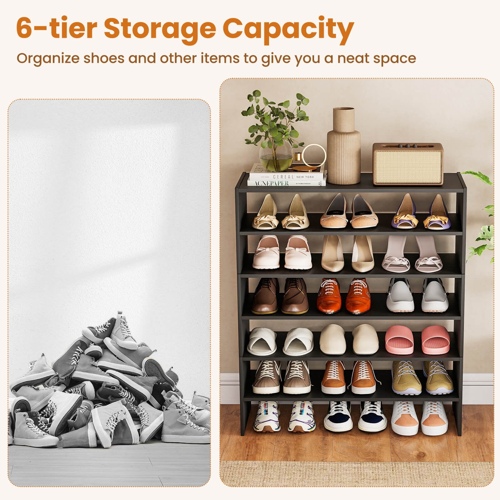 Costway 6 PCS Stackable Shoe Rack 31-Inch Horizontal Organizer 2-tier StorageShelf Black