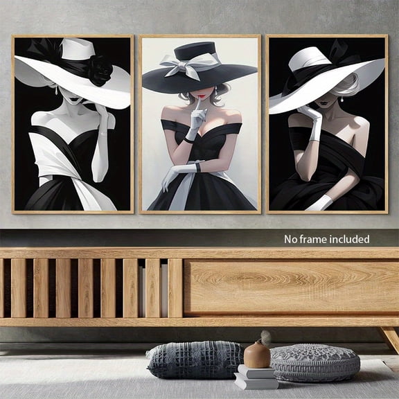 3pcs Elegant Women with Hats Oil Painting Canvas Art Set - Frameless Wall Decor, 15.7x23.6inch, Featherless, Ideal for Living Room, Bedroom, Office - Perfect Birthday & Holiday Gift, Office Wall Art