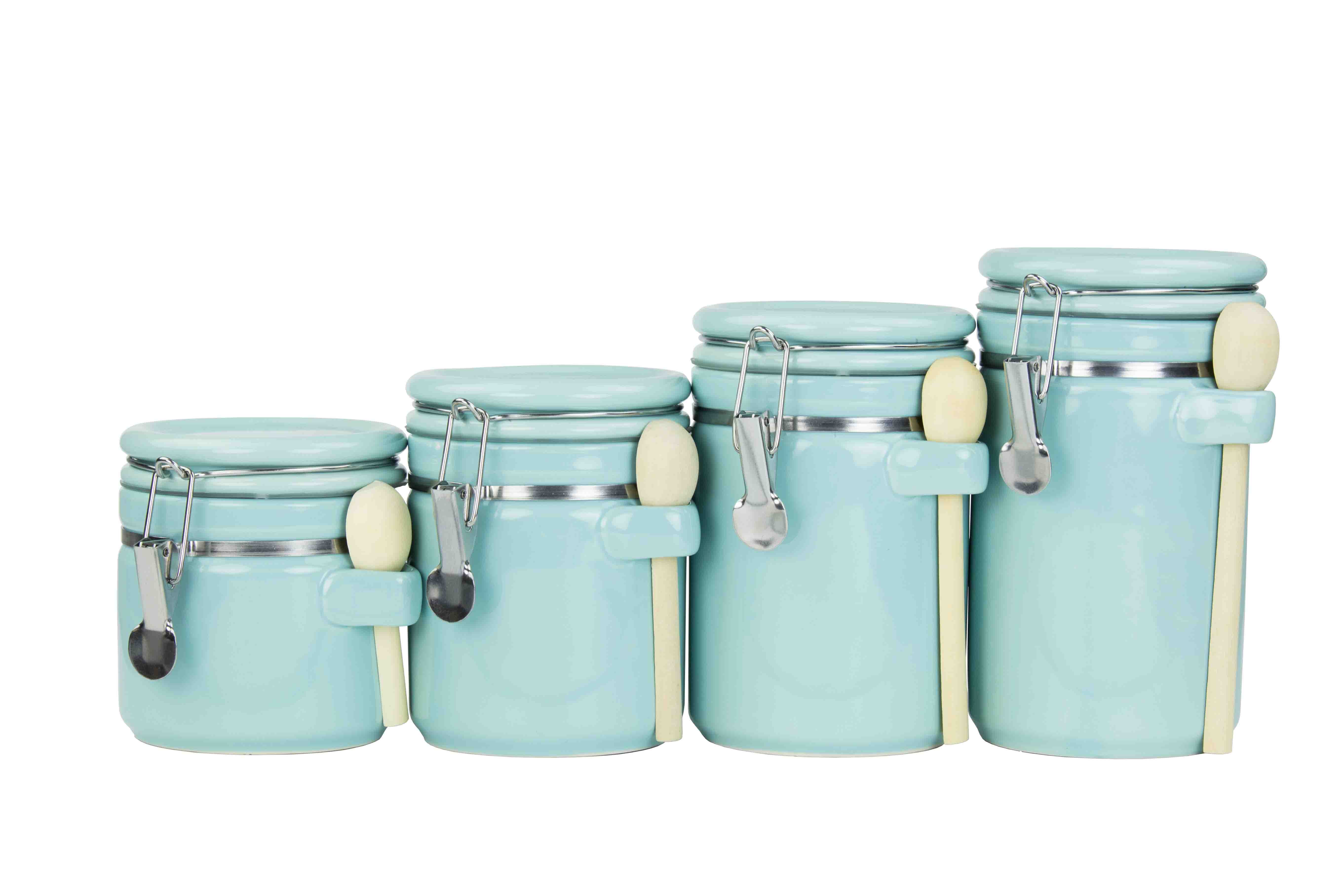 Home Basics 4 Piece Ceramic Canister Set with Wooden Spoons, Turquoise, 25  oz, 33 oz, 40 oz, 45oz 