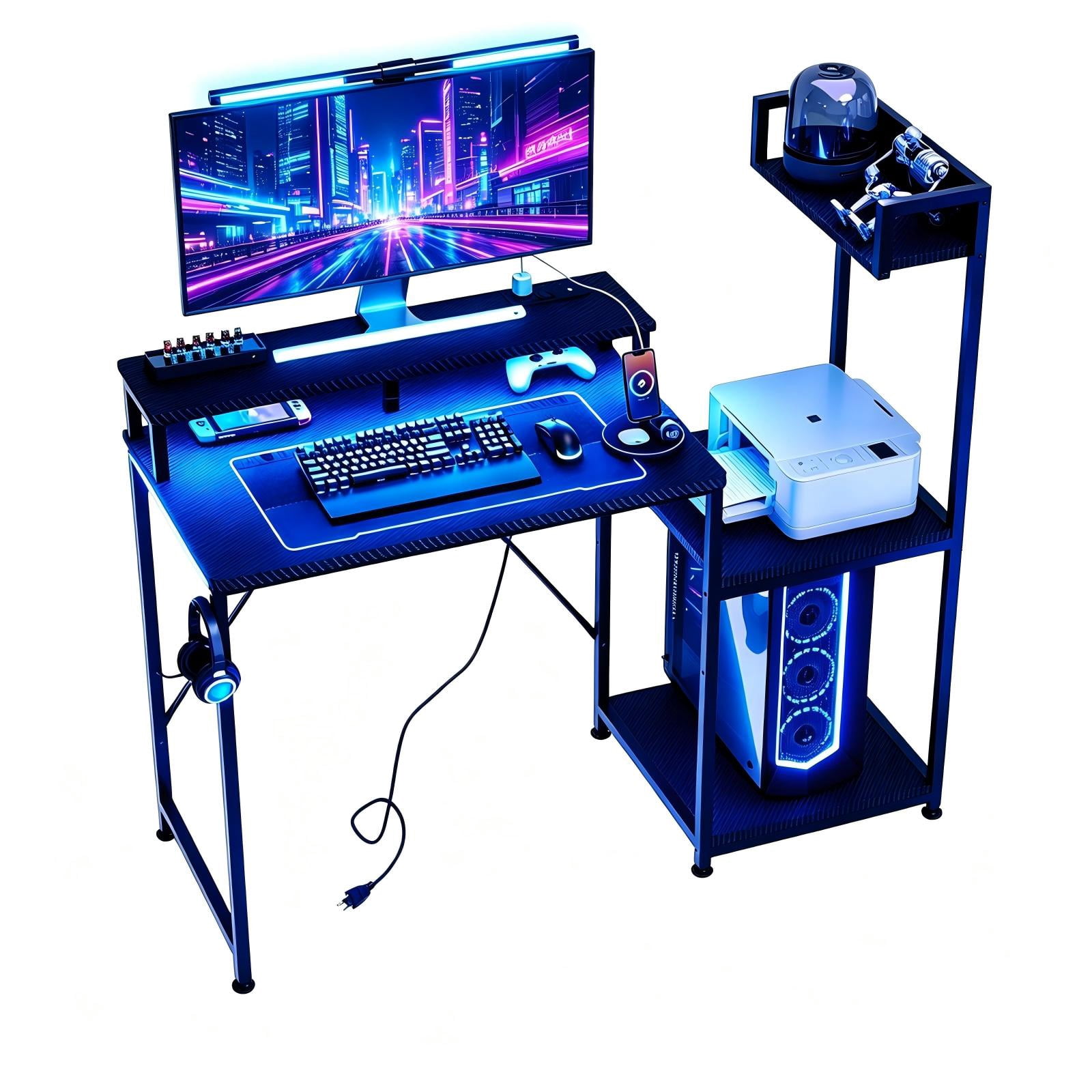 Astoutdoor Gaming Desk with Bookshelf and Printer Stand, 47 in, Black