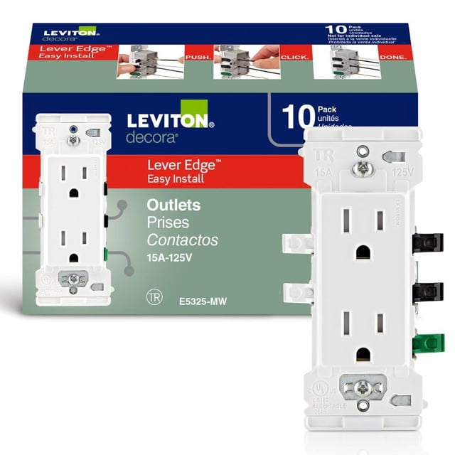 Leviton Lot de 10 Decora Edge 15 Amp Prise Murale Duplex Résistante à l'Altération, E5325-0MW, Blanc