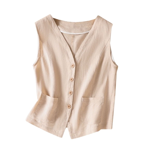 Lovskoo Women's Sleeveless Button Down Vest Casual V Neck Cotton Linen Blazer Jacket with Pockets Beige