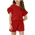 thumbnail image 2 of MKOSPLRT 3-15 Years Athletic Outfits for Girl Ruffle Sleeve Tops and Elastic Waist Drawstring Shorts Solid Baggy Running Sweatsuits 2 Piece, 2 of 9
