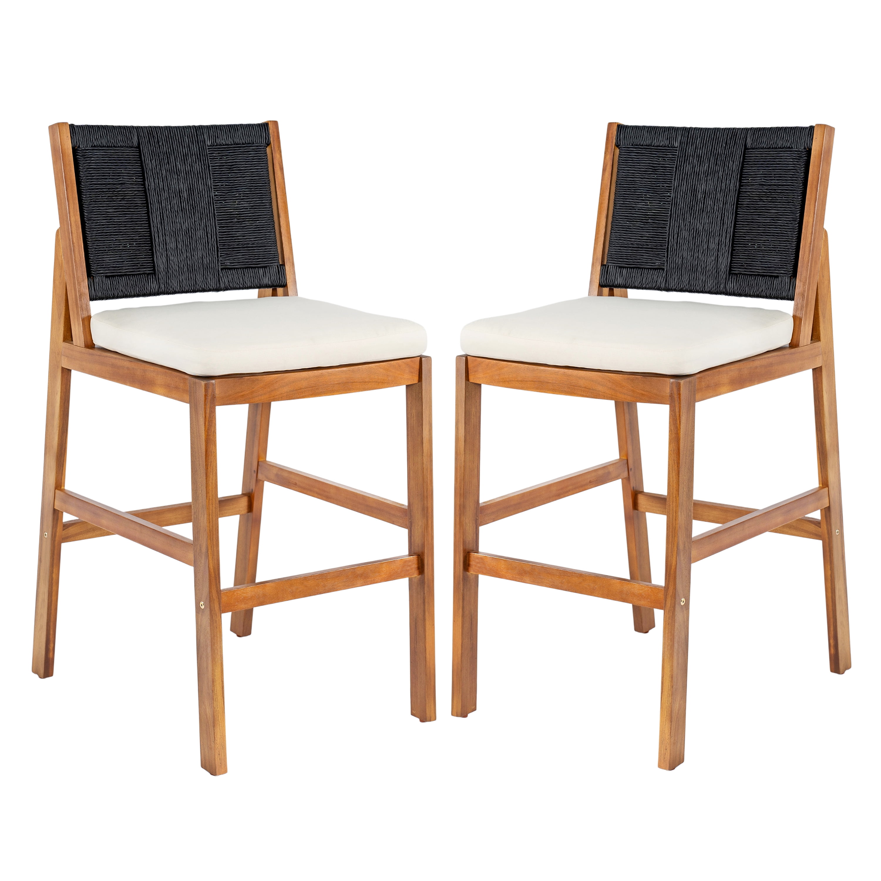 Bar Stools Set of 2, Outdoor Acacia Wood Teak Finish Bar Height Chairs with Cream Cushion, Teak
