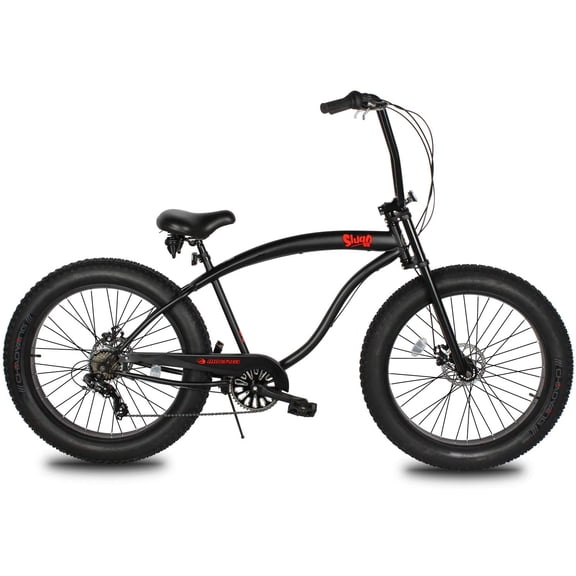 Micargi SLUGO SS 26" Beach Cruiser Shinano TX-35 7 Speed with DISC Brake F&R , Black HI RISE Handlebar Three Piece Crank, Alloy RED Rims, Black Spokes, Black Tire 26 x4.Color: Matte Black