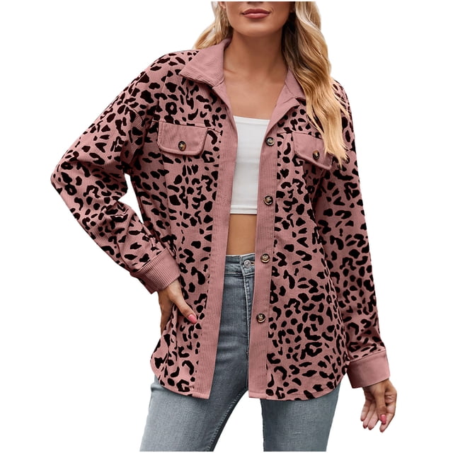 Pompotops Women's New Leopard Print Button Long Sleeve Jacket Shirt Coat Clearance