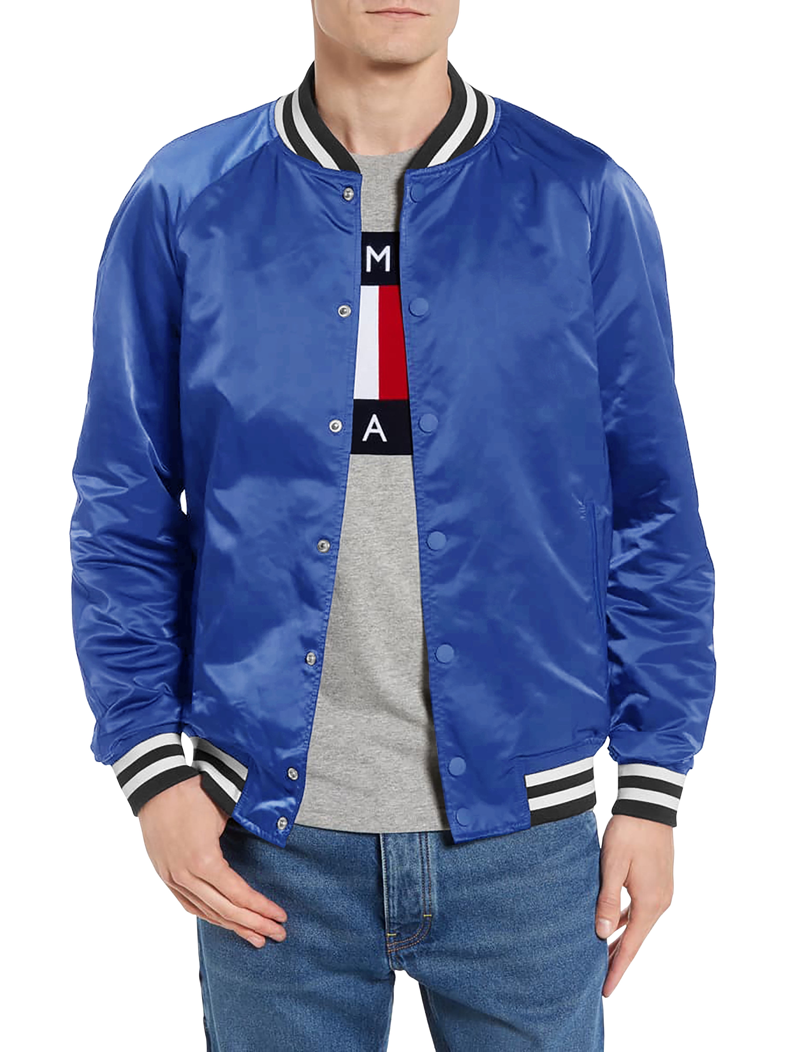 Mens Contrast Color Bomber Jacket Full Zip Up Stand Collar Varsity Jacket Coat