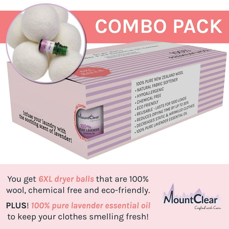 Woolzies 3 Pack XL Wool Dryer Balls Natural Fabric Laundry Softener Lavender Pure Essential Oil Combo Lavender