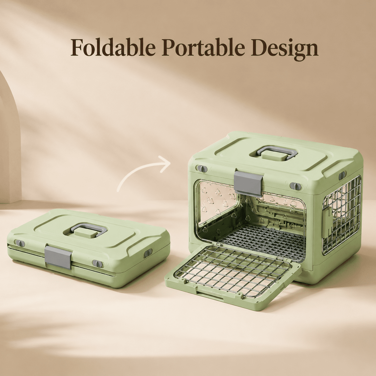 Collapsible Hard-Sided Pet Carrier, Portable 20" Travel Kennel for Small Dogs & Cats, Durable PP Material with Comfort Grip Handle and Secure Locking Gate, Matcha Sage