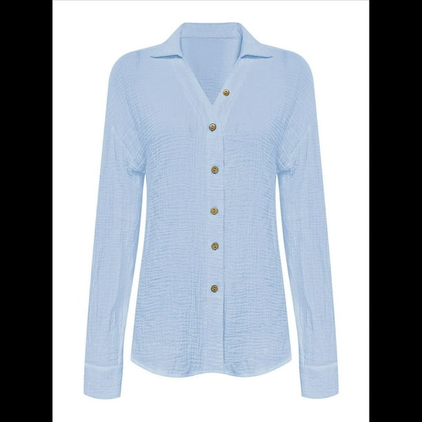 Camisas de Mujer con Botones, Larga, Cuello en V, Blusas Informales de Trabajo, Blusas de Moda para Otoño 2025 Azul XXL