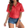 thumbnail image 3 of Women'S Cotton Button Shirt Rolled Hem Short Sleeve Shirt Women'S Summer Casual V Neck Beach Cotton Top Orange Color XL, 3 of 8