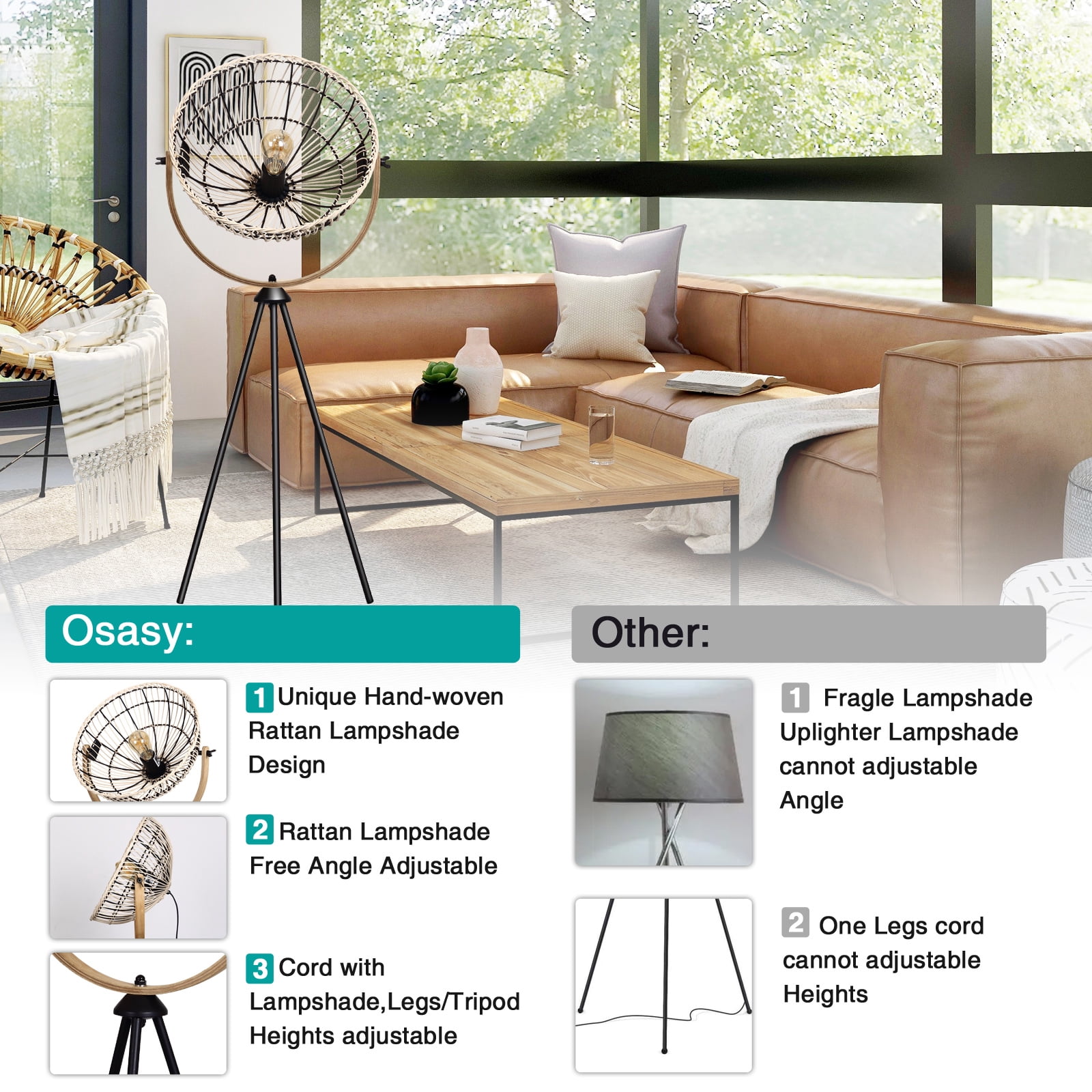 Osasy 65.8 in Rustic Boho Adjustable Height Metal Tripod Floor Lamp with Beige Bowl Shade