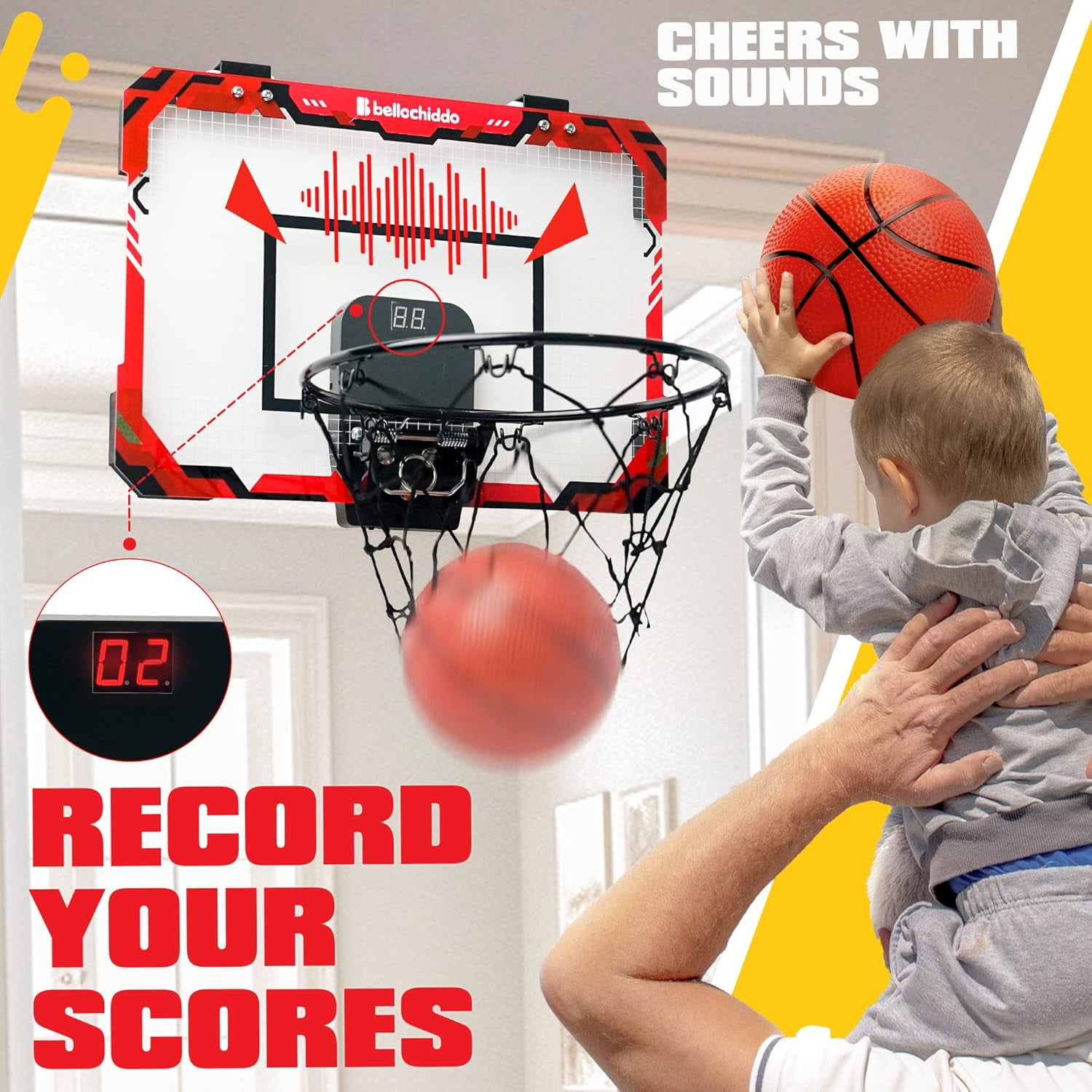 Mini Panier De Basket Enfant Avec Compteur électronique - Set Avec 4 Ballons - À Fixer Sur Porte Ou Mur - Jouet Dès 3 Ans