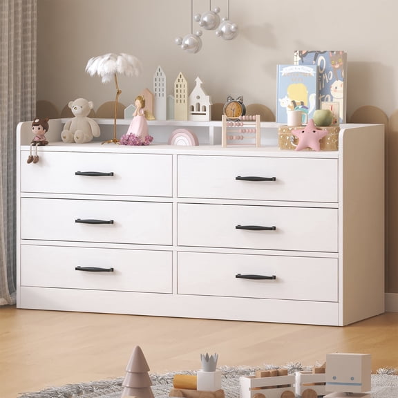 Frmobepts White Dresser, Chest of Drawers, Modern 6 Drawer Double Dressers with Deep Drawers, Wide Storage Organizer Cabinet for Living Room, Hallway