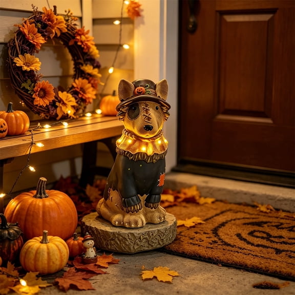 Lighted Scarecrow Bull Terrier Halloween Blow Mold, Cute Puppy Pumpkin Hat Halloween Decor, Resin Ornament for Patio Yard Tabletop Home Decoration, 8"