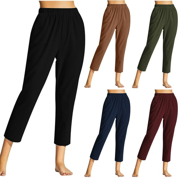 Elainilye Fashion Capri Pants for Women Summer Casual Loose Cotton and Linen Pants Solid Capris Pants,Blue