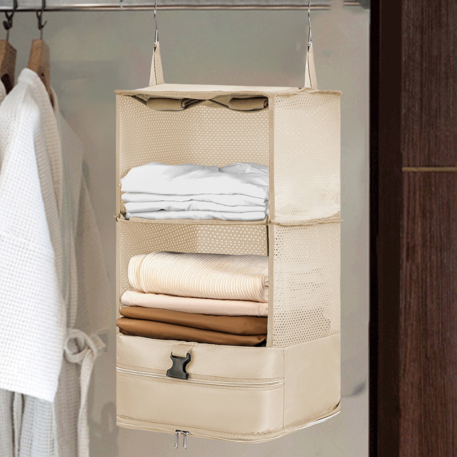 Hanging Packing Cubes | Portable Closet Shelves Travel Garment Organizer | 3 Compartments with Pockets | Gray or Khaki