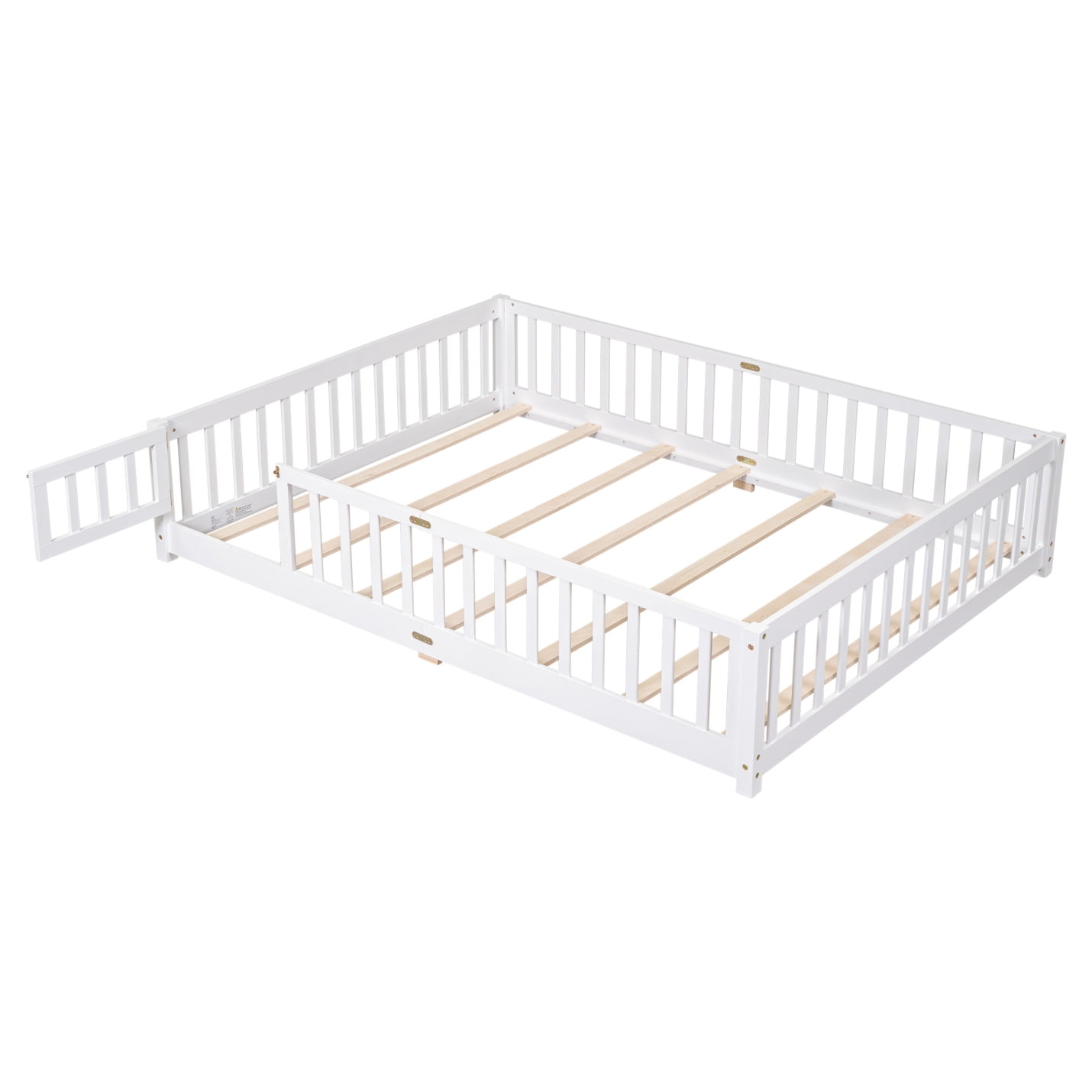 Queen Size Floor Bed with Fence for Kids, Wood Montessori Toddler Bed Frame with Door and Slats Support, Queen Size Platform for Girls and Boys, White