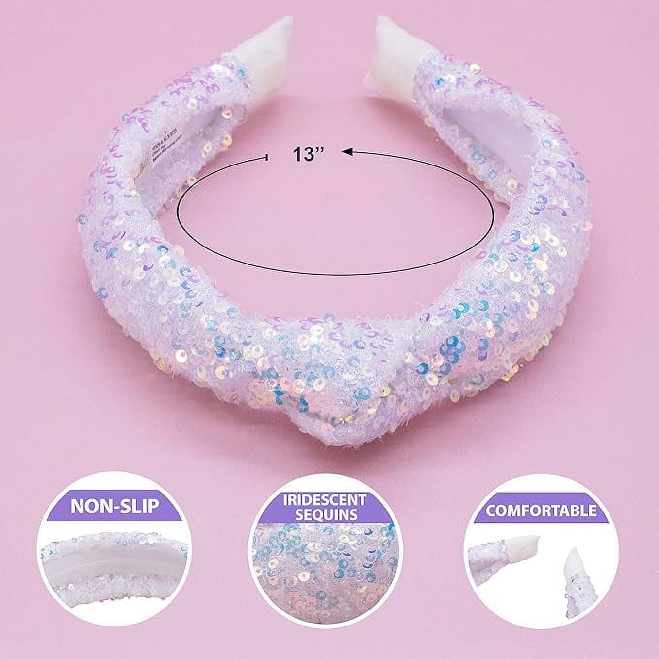 FROG SAC Sequin Knot Headband for Girls, White Knotted Hair Bands Accessories for Kids, Sparkly Iridescent Little Girl Headbands, Cute Sequined Hairbands for Tweens Back to School