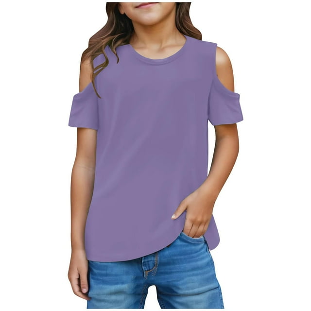 Plebaso Girls Cold Shoulder Tops Short Sleeve Crewneck Loose Shirts Solid Color Casual Blouses for Kids
