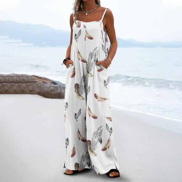 Styesk Women's Pants Women Fashion Casual Loose Printed Pockets Sleeveless Back Strap Jumpsuit
