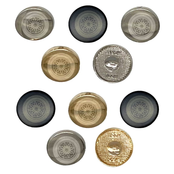 Detailed Realistic Tire Wheel Car Vehicle Set of 10 Metal 0.6" (15mm) Sewing Shank Round Buttons - Silver Color