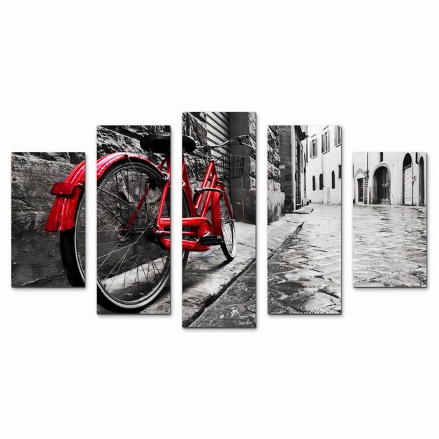 Juego de Cuadros Decorativos, Bicicleta Roja y Estilo Urbano, 5 Piezas, Ideal para Sala y Estudio, 150x80cm