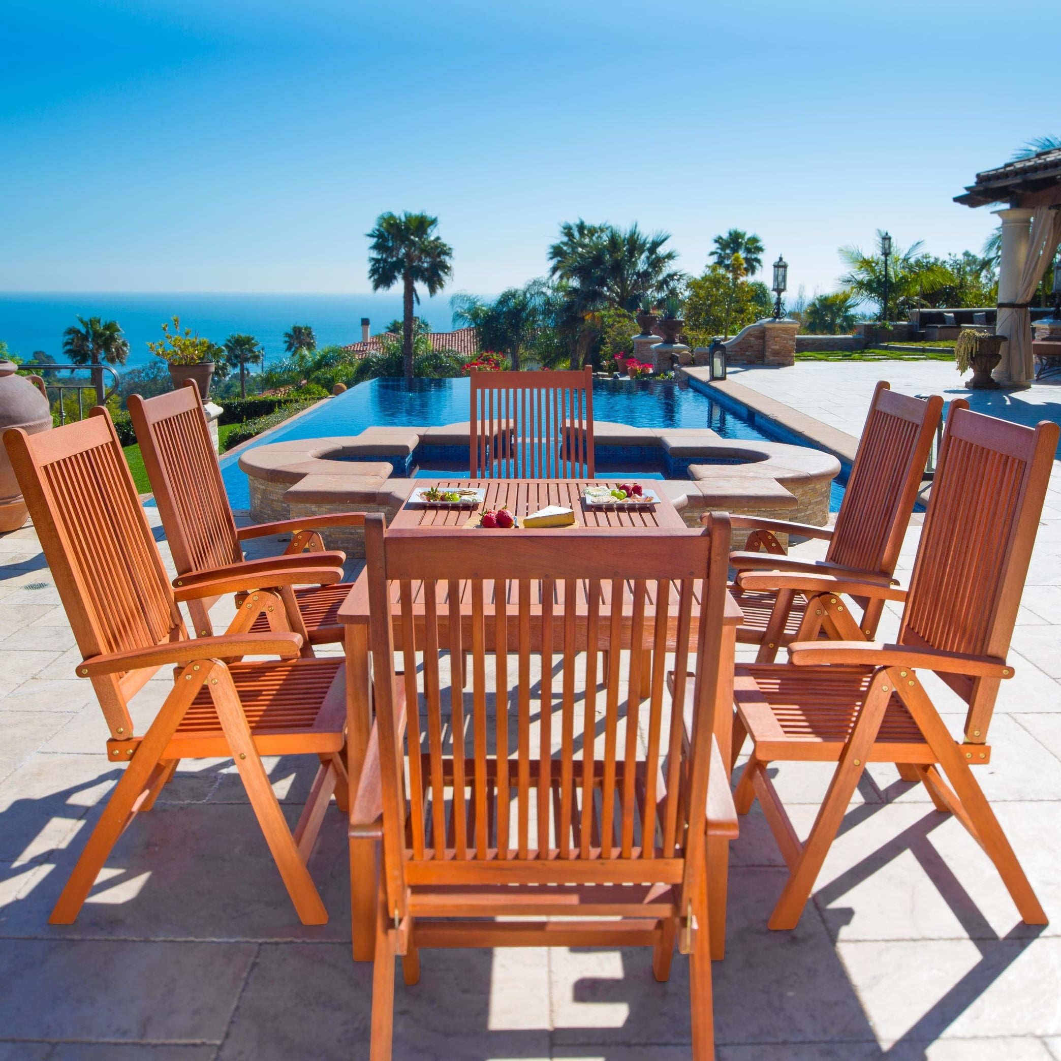 Malibu Outdoor 7 Piece Wood Patio Dining Set With Reclining Chairs