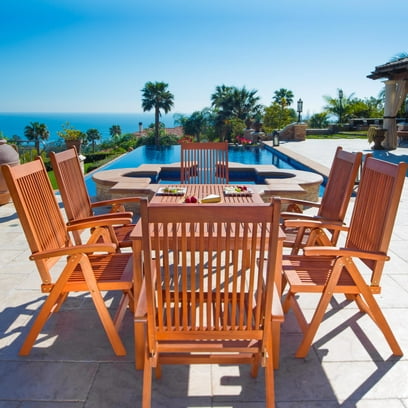 Malibu Outdoor 7-piece Wood Patio Dining Set with Reclining Chairs
