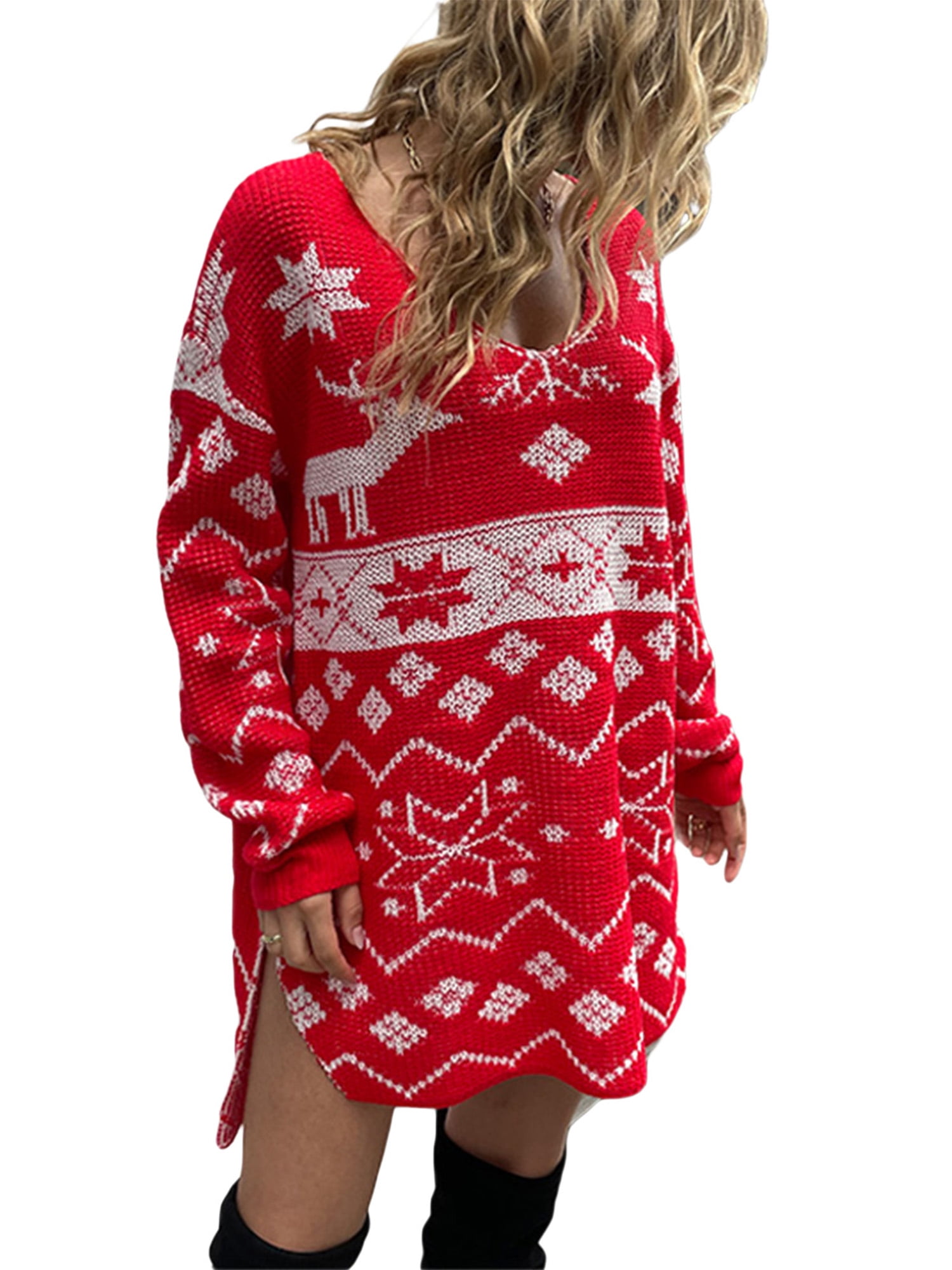 Ugly Christmas Sweater Dress for Women Graphic Elk Snowflake Print Knitted Loose  Fit Midi Dress Pullover Top Dress - Walmart.com