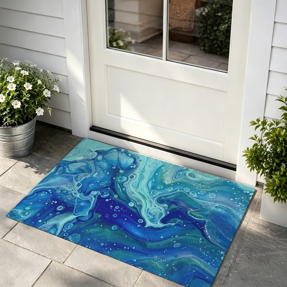 Door Mat 16x24in Abstract Marble Water Ripple Absorbent Non-Slip Washable Doormat Ocean Blue Green Tones Dirt Trapping Low Profile Entryway Rug, Indoor Outdoor Welcome Mat for Home Entrance