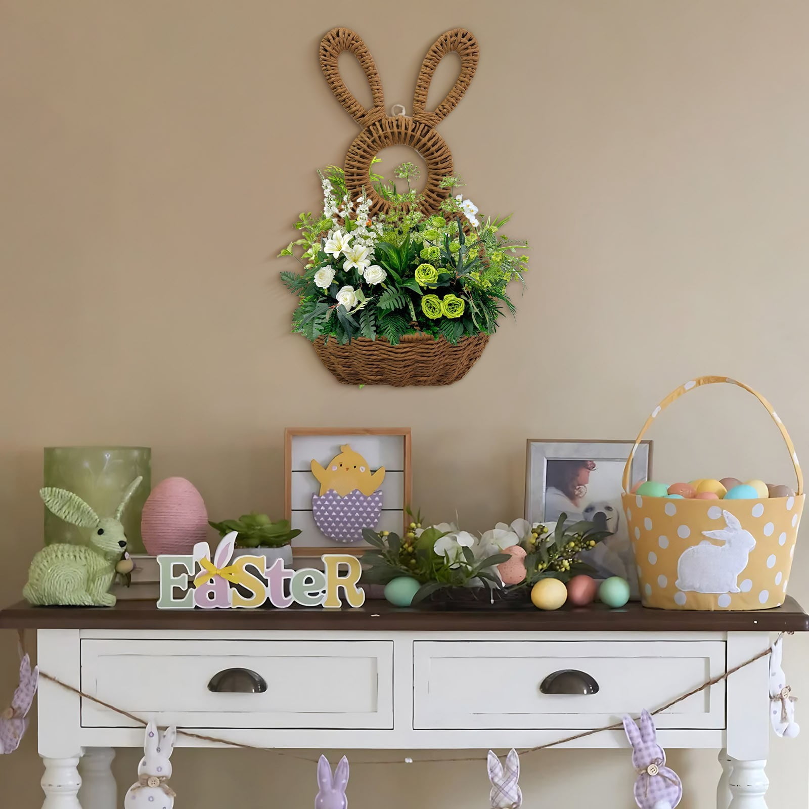 Bxaolu Bunny Basket Hanging Wall Pocket Spring Decor,Handwoven Spring Summer Bunny Wall Basket, Wicker Easter Baskets Rabbit DIY Handmade Wreath for Front Door Home Decor