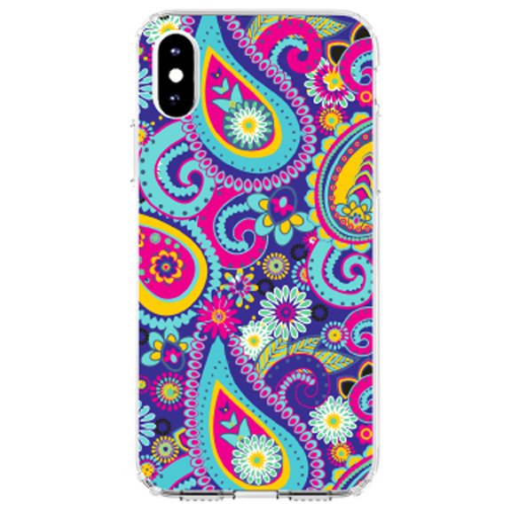 DistinctInk Clear Shockproof Hybrid Case for iPhone X / XS (5.8" Screen) - TPU Bumper, Acrylic Back, Tempered Glass Screen Protector - Hot Blue Yellow Pink Paisley