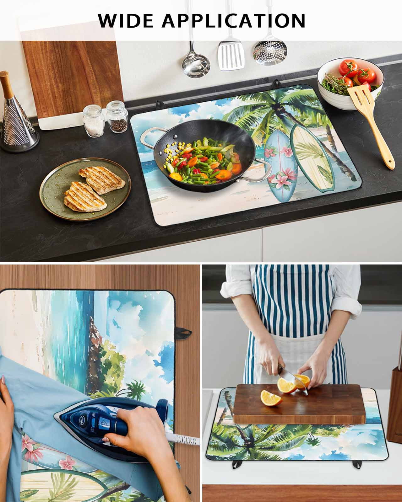 nqOlkjepod Large Induction Cooktop Protector Mat 24"x21", Summer Beach Stove Top Covers for Electric Stove, Tropical Coastal Palm Tree Surfboard Stove Burner Cover Mats, Glass Top Stove Cover