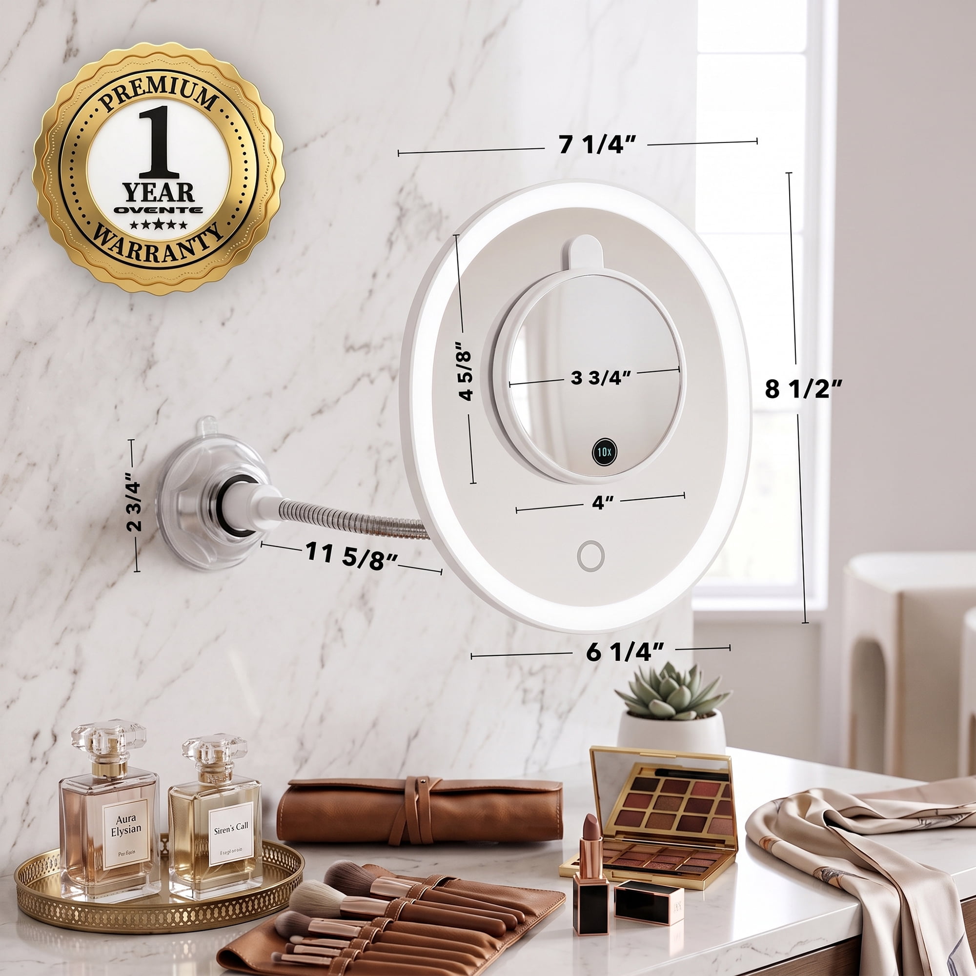 OVENTE 9'' Rechargeable Lighted Wall Mount Makeup Mirror for Bathroom with Mini Magnetic 10X Magnifying Mirror, Touch Screen Dimmable LED Lights, Flexible Gooseneck and Suction Mounting, White MOW22W