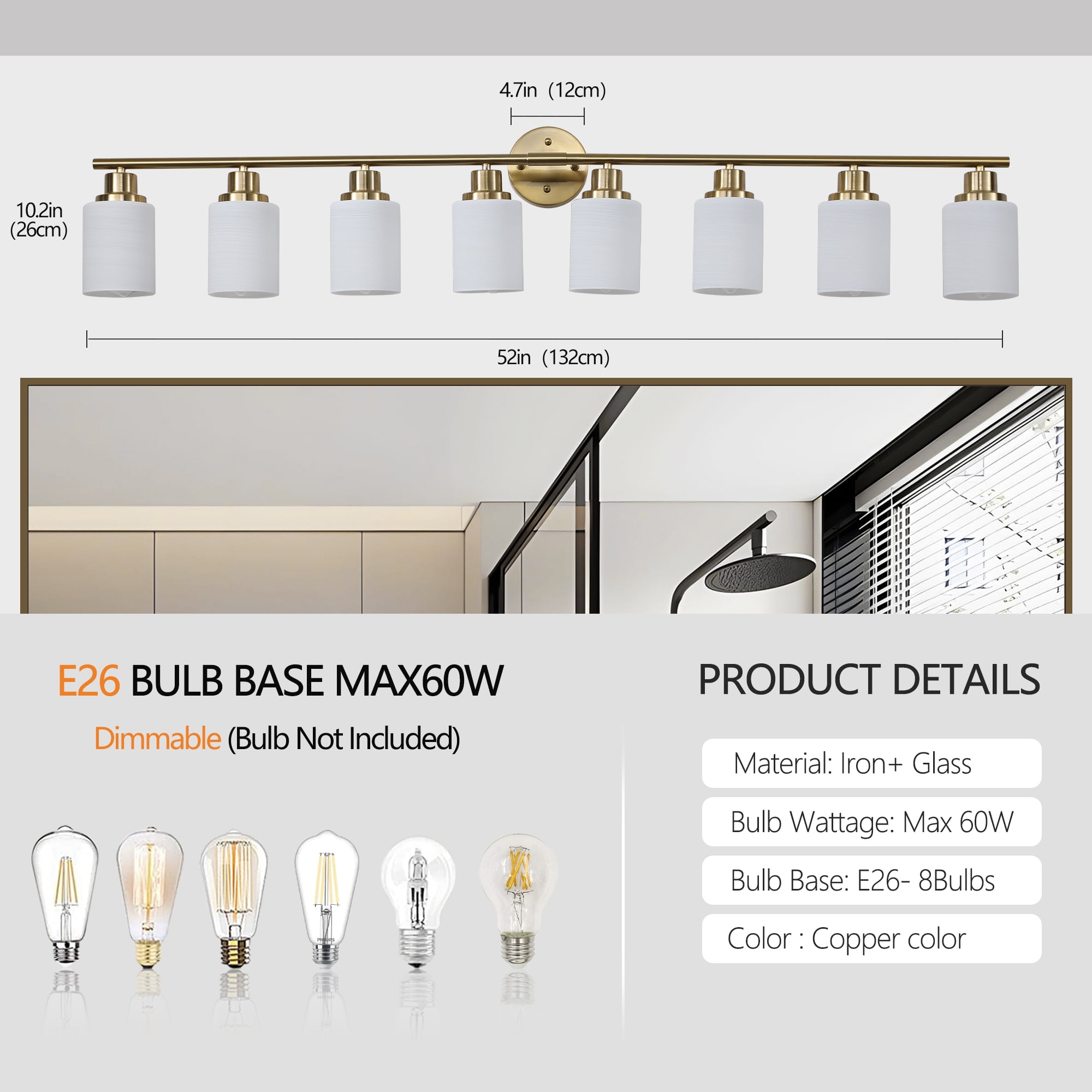 Jopath 52" Modern 8-Light Vanity Wall Sconce, Golden Finish with Frosted Glass Shades for Bathroom, Bedroom, Dressing Room or Hallway Lighting (No Bulbs)