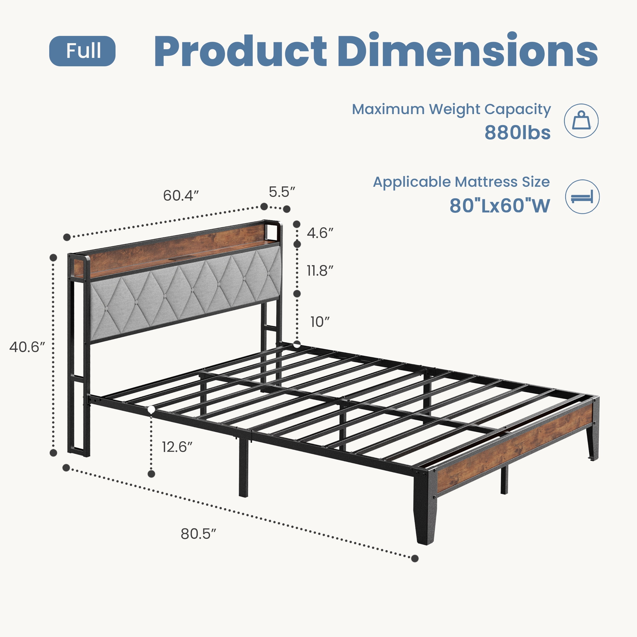 CONCETTA Queen Bed Frame, Heavy Duty Metal, Storage Headboard with Charging Station, Noise Free, No Spring Box Required, 880lbs Capacity